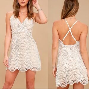 Lulus Lele White & Silver Sequin Mini Dress, size small. Tan lining. Scalloped